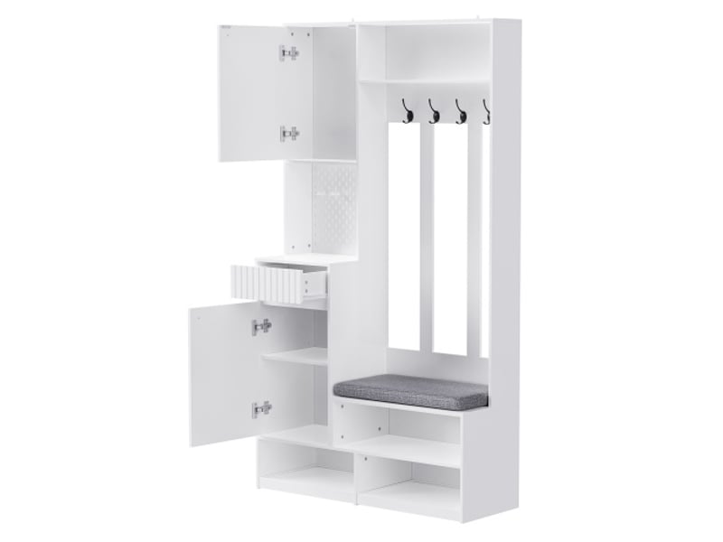  Garderobe d'entrée blanche avec banc – ensemble complet, 4 crochets, portes et tiroirs, 100×180×35 cm  - Conforama A