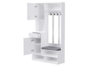 Garderobe d'entrée blanche avec banc – ensemble complet, 4 crochets, portes et tiroirs, 100×180×35 cm