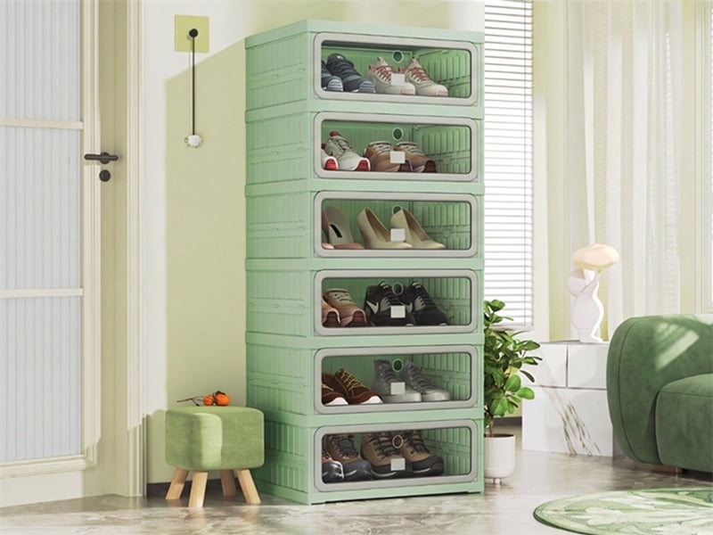  Meuble à chaussures 45x34.5x105.5cm - étagère pliable 1 colonne 6 niveaux - meuble de rangement en plastique - vert et gris  - Conforama C