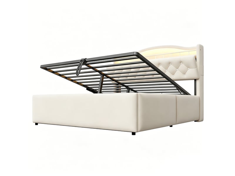 Lit capitonné 140*200 cm beige, coffre hydraulique, led, usb-c, tête avec rangements et cadre métal stable - Conforama A