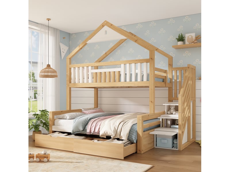  Lit superposé 90 × 200 cm et 140 × 200 cm 3 places, escalier, 2 tiroirs, sans matelas, en bois blanc et chêne  - Conforama B