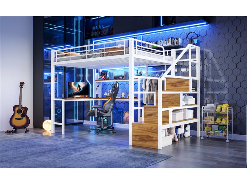  Lit mezzanine gaming 140x200 cm avec 2 tiroirs, escalier de rangement, bureau, led réglable par appli et tringle à vêtements, métal, blanc Morn Vibe - Conforama C