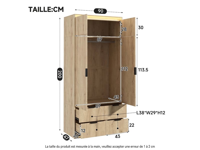  Armoire blanche 2 portes avec 3 tiroirs et penderie, 90x50x200 cm  - Conforama W