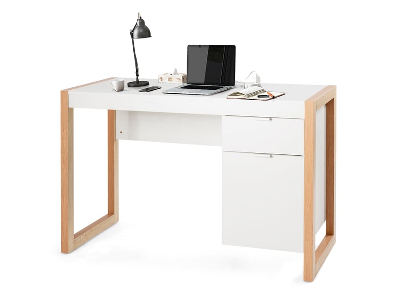 Bureau D'ordinateur Avec Tiroir Et Armoire - 112x50x75 Cm, Bois, Blanc, Pour Bureau à Domicile, Capacité Charge 70 Kg