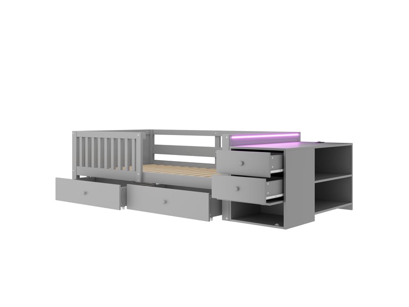  Lit enfant 90 x 200 cm avec espace de rangement intégré, fonction bureau, prise électrique, éclairage led, double tiroir, étagères et barrière de sécurité semi-ouverte, gris  - Conforama E