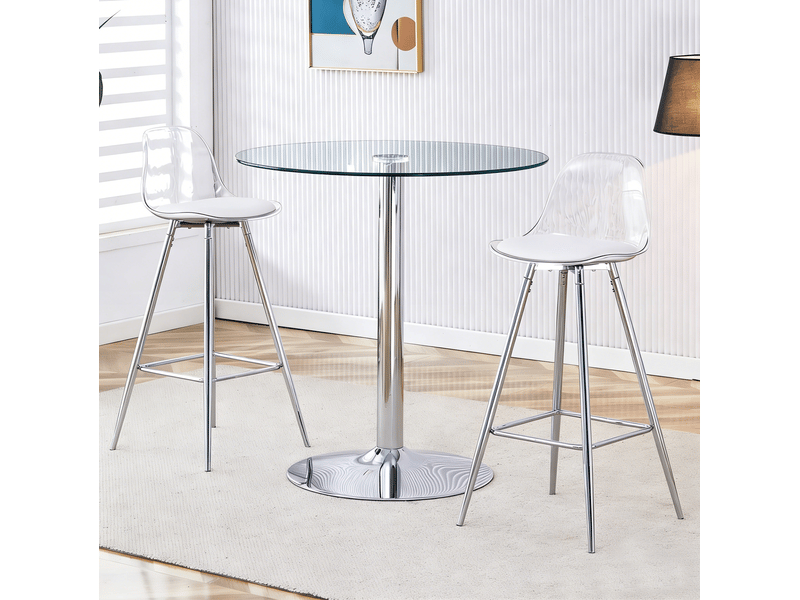  Ensemble bar 2 places avec table ronde en verre ø 89 cm et 2 tabourets argentés  - Conforama B