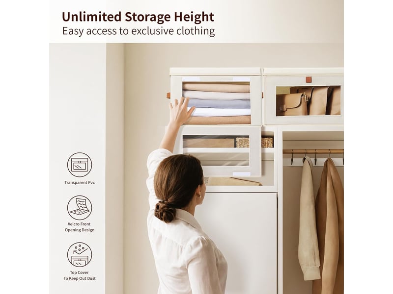  Boîtes de rangement pliables 4 pièces, organiseurs de placard en tissu avec poignées et fenêtre, beige  - Conforama B
