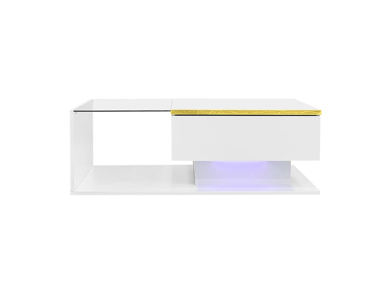  Table basse 90 x 50 x 32,5 cm rangement verre trempé led 16 couleurs pilotable appli panneau particules blanc  - Conforama A