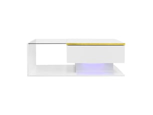 Table basse 90 x 50 x 32,5 cm rangement verre trempé led 16 couleurs pilotable appli panneau particules blanc