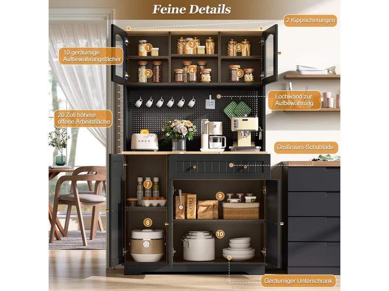  Vaisselier 103.5x40x180 cm - 6 portes vitrées et tiroir - étagères réglables et panneau perforé - noir  - Conforama D