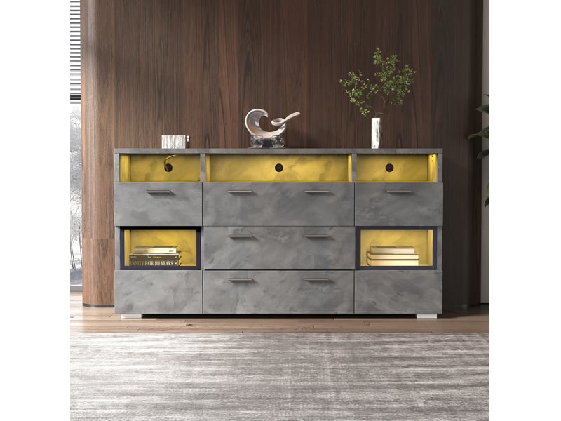  Buffet bas ulevr 140 cm avec rangement et led contrôlées par application, 2 portes en acrylique transparent, 3 tiroirs, gris  - Conforama E