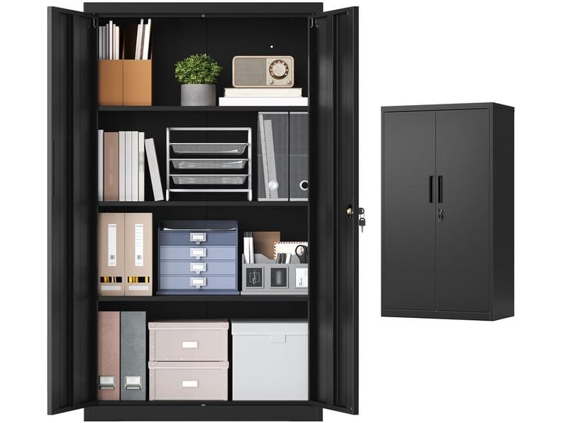  Caisson de bureau verrouillable avec 2 portes et 3 étagères réglables 80 x 40 x 140 cm en acier noir mat 12_0012666  - Conforama A