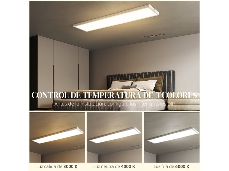 Lot de 4 plafonniers led ultraplats blancs, 3 températures réglables, 120 x 30 cm, pour salon et salle à manger - Conforama D