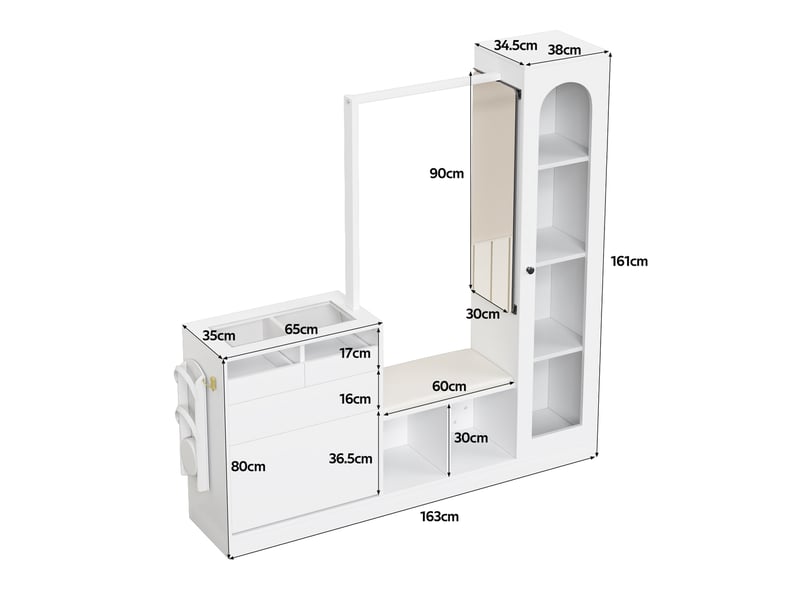 Ensemble d'entrée 163x35x161 cm avec led, vitrine, meuble à chaussures et miroir, aggloméré, pour salon, chambre, blanc - Conforama C