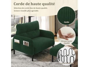 Canapé droit fixe 4 places Velours côtelé vert
