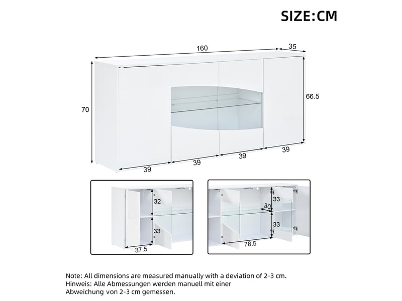  Buffet 160x35x70 cm à 4 portes avec led rgb, blanc brillant  - Conforama C
