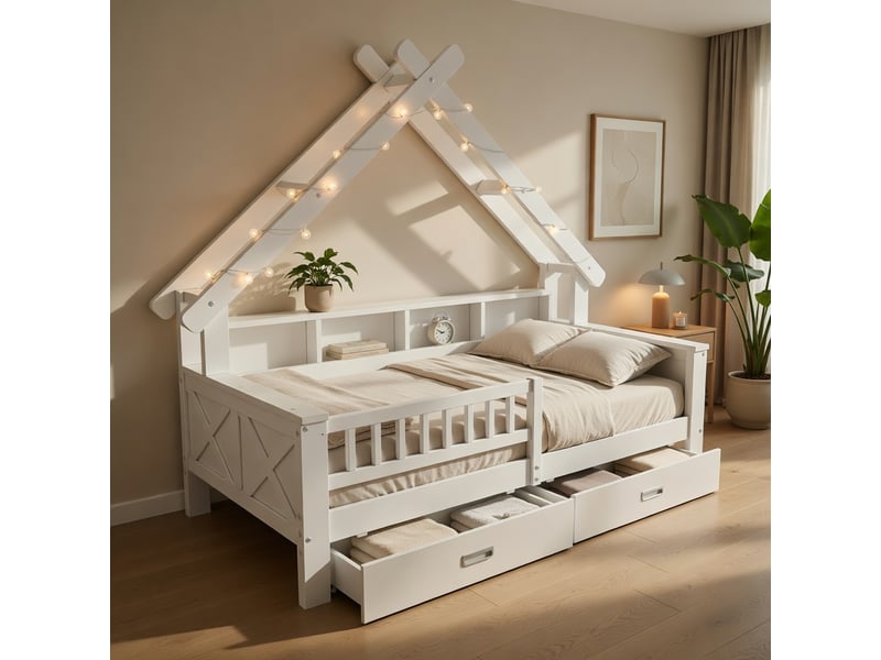  Gutenacht lit cabane en bois 90x200cm avec éclairage led, rangements, tiroirs et garde-corps, blanc  - Conforama C
