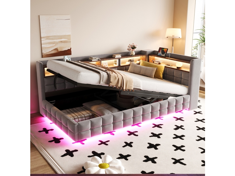  Lit banquette 90 x 200 cm gris clair en velours, coffre hydraulique, led et prises de charge intégrées  - Conforama B