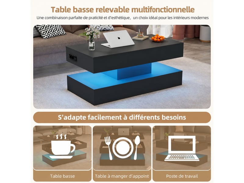  Table basse relevable avec plateau réglable et rangement caché, éclairage led bluetooth, 100 x 50 x 42 cm, noire  - Conforama E