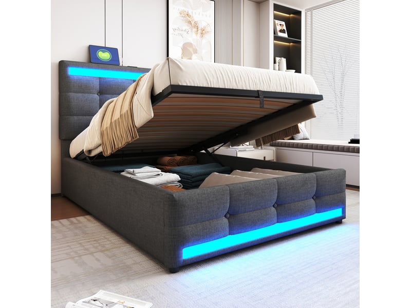  Lit coffre 90x200 cm, en mdf, éclairage led rgb, usb et tête de lit réglable, gris, sans matelas  - Conforama E