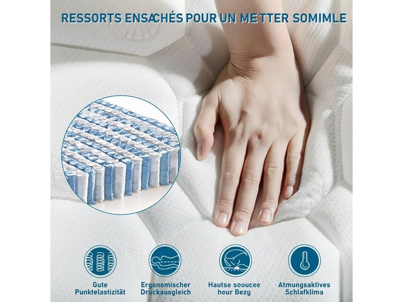  Lit 160x200 cm avec matelas, liseuse, usb-c, chevet et banc coffre, bois clair ABMA137456A - Conforama W