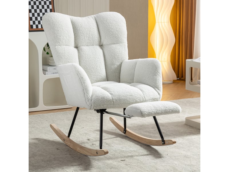  Chaise berçante tissu teddy fauteuil à bascule blanc avec repose-pieds escamotable 80x98x98.5cm  - Conforama B