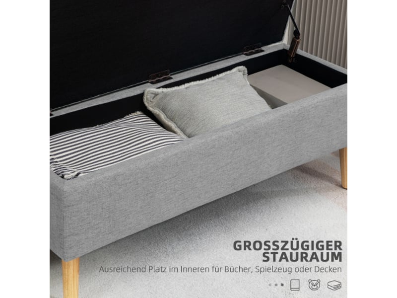  Banc coffre gris 110x39x45 cm, rembourré, aspect lin, bois d’hévéa, pour salon et chambre  - Conforama D