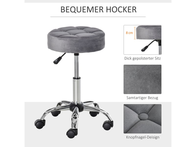  Tabouret de salon pivotant à roulettes, velours gris, base chromée, réglable 49-61 cm  - Conforama D