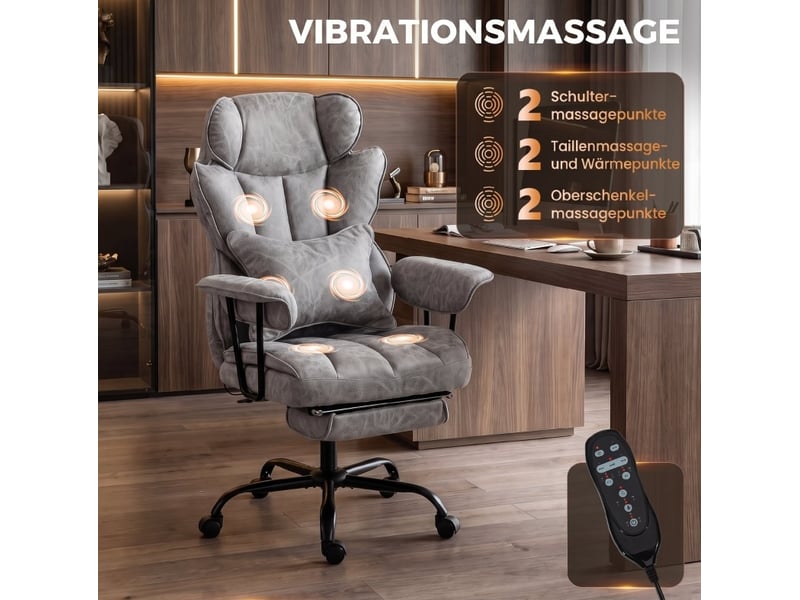  Fauteuil de bureau avec massage vibratoire 6 points, chauffage lombaire et repose-pieds, 76x77x116-126 cm, —, gris  - Conforama C