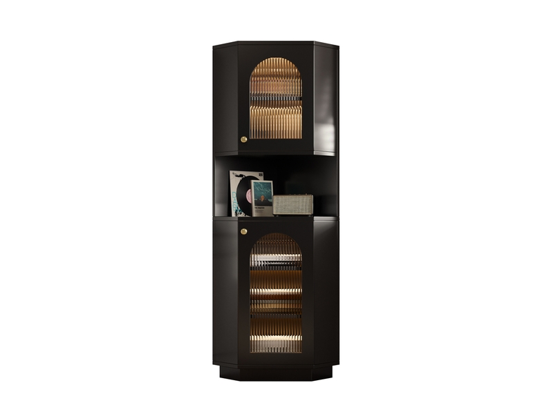  Colonne d'angle 45x45x166,5 cm, éclairage intégré, tablettes réglables, compartiment fermé, salle de bain, mdf noir  - Conforama A
