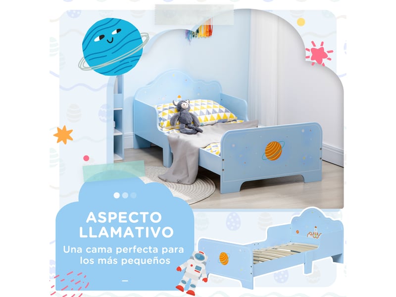  Lit enfant 140x70 bleu avec barrières de protection, motif espace, 143x74x59 cm  - Conforama R