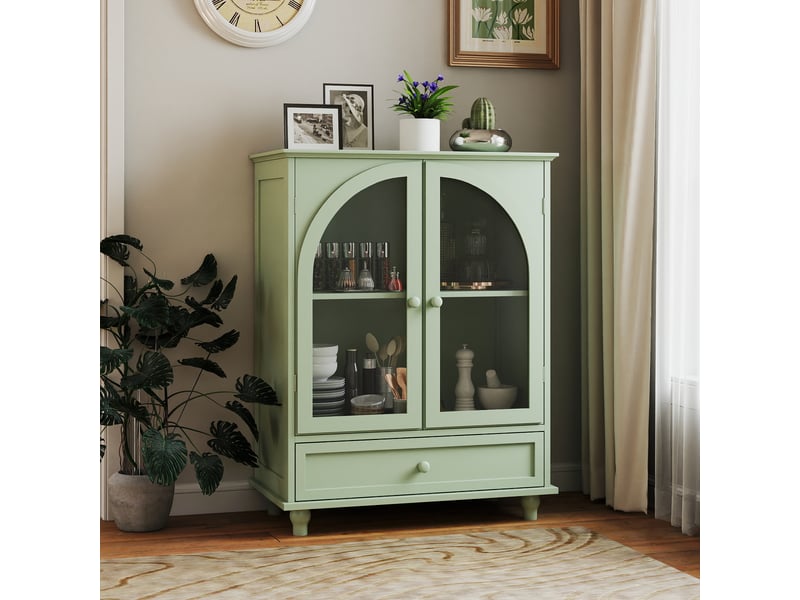  Buffet style ferme, 2 portes vitrées bombées, vert, rangement, partie supérieure étagée, tiroir, cuisine salon bar à café  - Conforama D