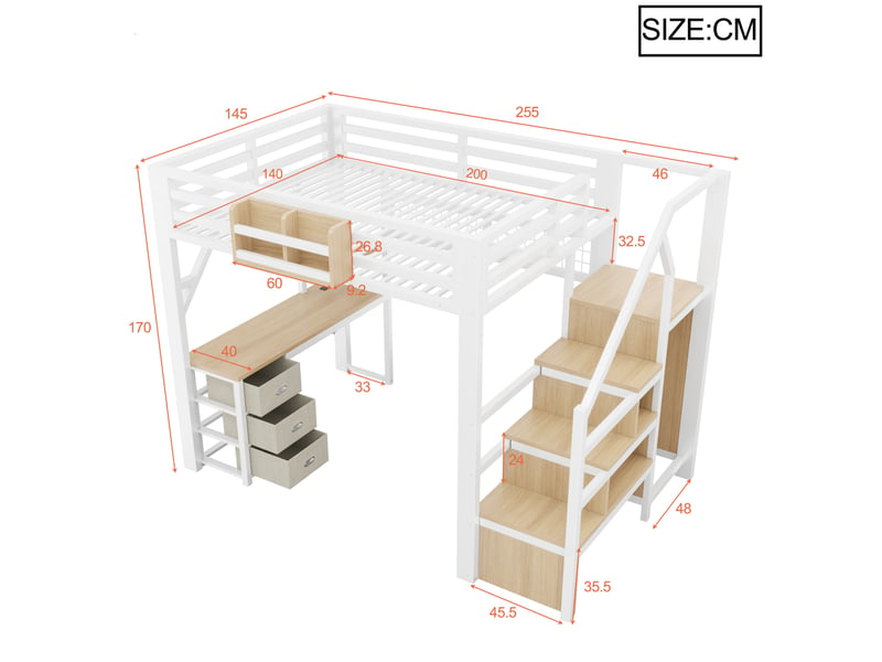  Lit mezzanine 140x200 cm, bureau armoire 3 tiroirs, rangements, led charge 150 kg, métal et mdf, blanc sans matelas  - Conforama C