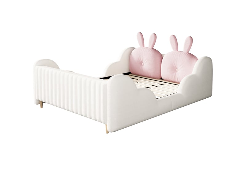  Lit enfant 140x200 cm – lit double 140x200 - avec oreiller en forme de lapin et barrières latérales en nuage - tissu velours  - blanc  - Conforama A