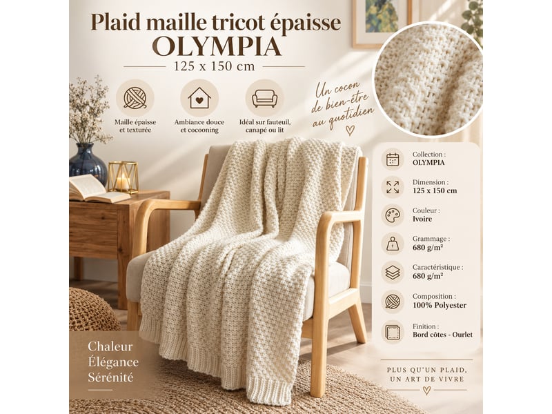  Plaid 125 x 150 cm polyester tricot uni olympia ivoire 15694 - Conforama D