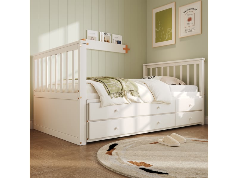  Lit enfant 90x200cm(90x190cm) avec lit gigogne, 3 tiroirs, sans matelas, blanc, pin  - Conforama E