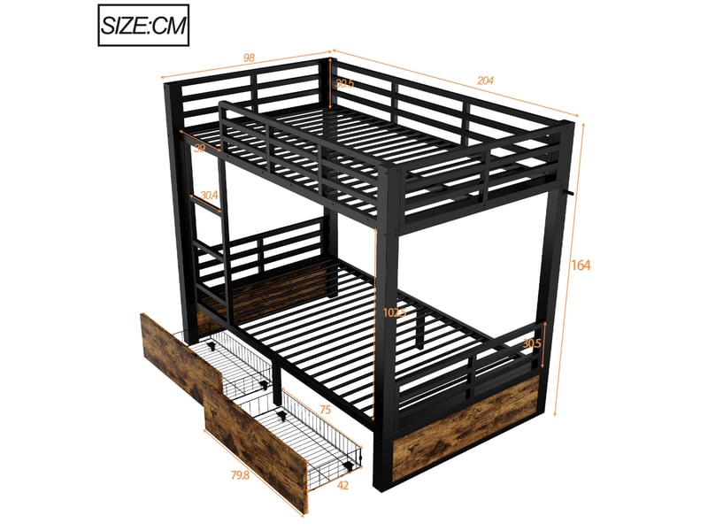  Lit superposé 90 × 200 cm avec deux tiroirs, échelle intégrée et barrières de sécurité en métal noir pour chambre  - Conforama C