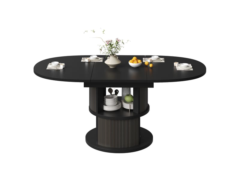  Table à manger ovale extensible 118-158x118x77 cm avec rangement, noire  - Conforama A