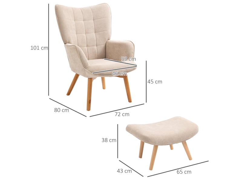  Fauteuil avec pouf repose-pieds capitonné, dossier haut et patins réglables, en velours côtelé beige  - Conforama C