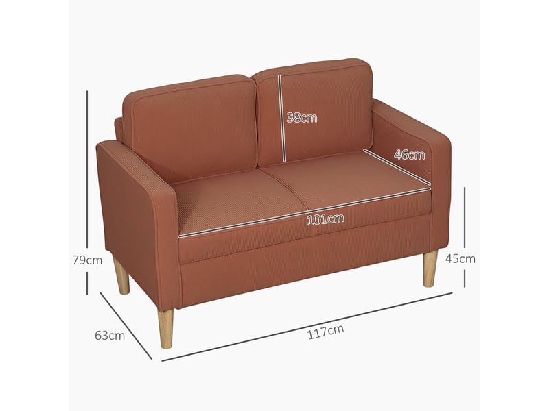  Canapé 2 places compact avec rangement 117 x 63 x 79 cm, revêtement effet velours côtelé, pieds en bois, orange  - Conforama C