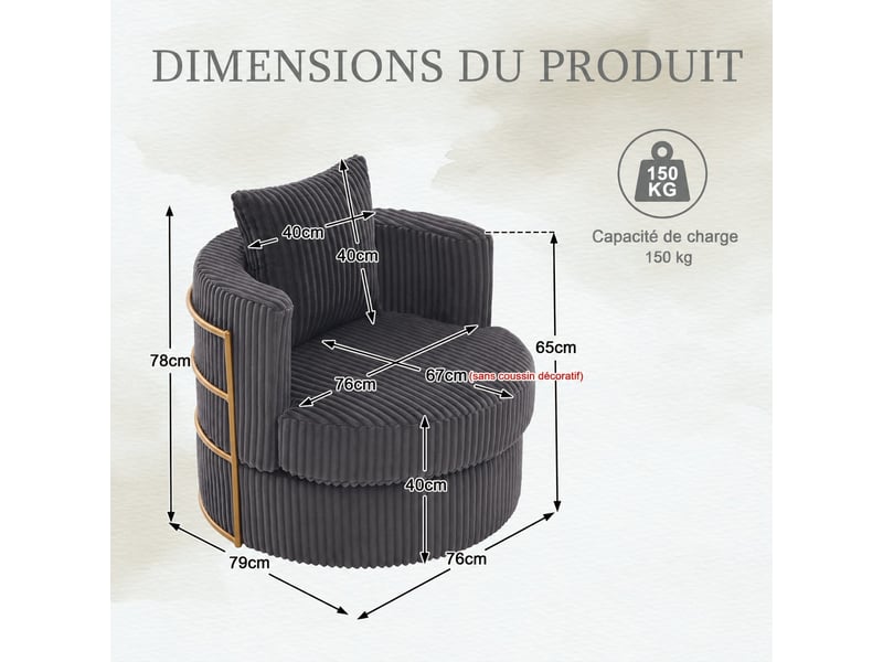  Fauteuil pivotant 360° en velours côtelé avec rangement, gris anthracite, 76 x 79 x 78 cm Fay Lum - Conforama C