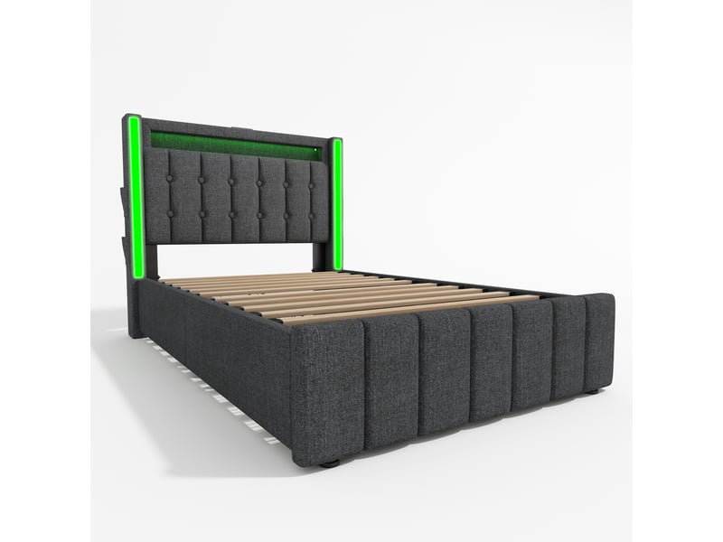  Lit simple 90x200 cm avec rangements, port usb, type-c, led et 2 tiroirs, style moderne, lin gris, sans matelas  - Conforama C
