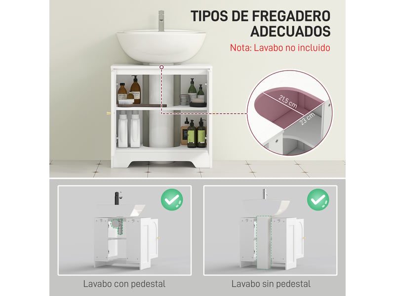  Meuble sous lavabo blanc 60 cm, 2 portes arquées, étagère réglable et découpe en u  - Conforama R