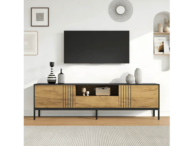  Meuble tv tcqpz 170 x 35 x 50 cm pour tv jusqu'à 70 pouces en panneau de particules chêne et noir avec 2 portes 1 tiroir  - Conforama B