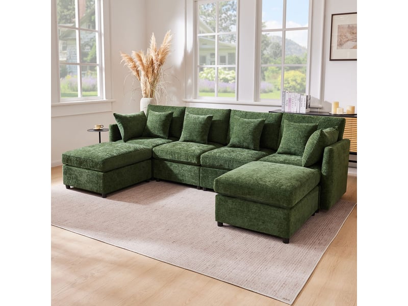  Canapé modulable, forme u et l canapé salon, 2 poufs, 6 coussins, tissu chenille  - Conforama A