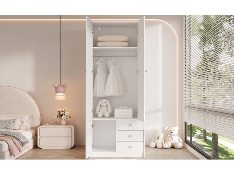  Armoire enfant 2 portes, 3 tiroirs, penderie et étagères, finition laquée pour chambre, mdf, 80×50×200 cm, blanc  - Conforama E