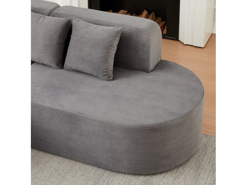  Canapé d'angle 220x155x70 cm gris en velours côtelé, méridienne incurvée et 3 coussins inclus pour salon  - Conforama E