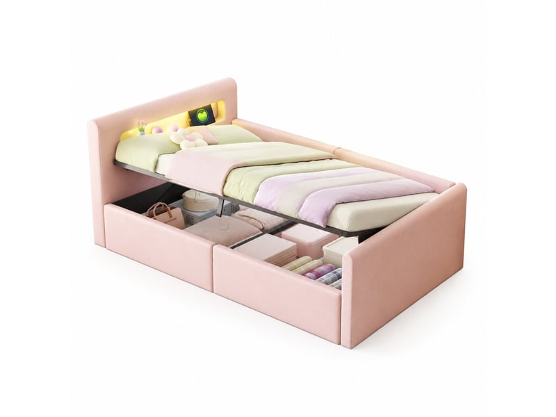  Lit enfant 90x200 cm avec rangement hydraulique, led et usb en velours rose  - Conforama A