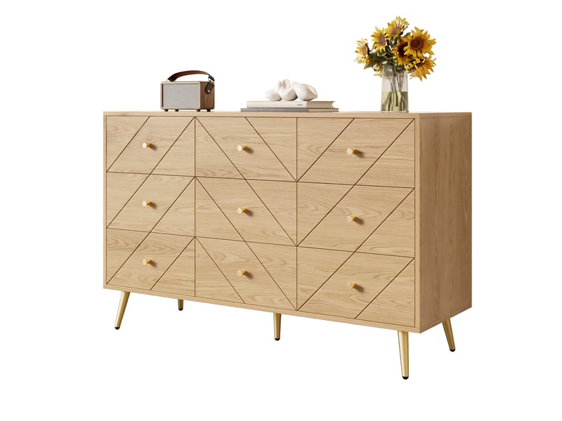  Commode de rangement avec 9 tiroirs, pieds en fer, motif geometrique, pour chambre salon entree, pb, naturel  - Conforama A