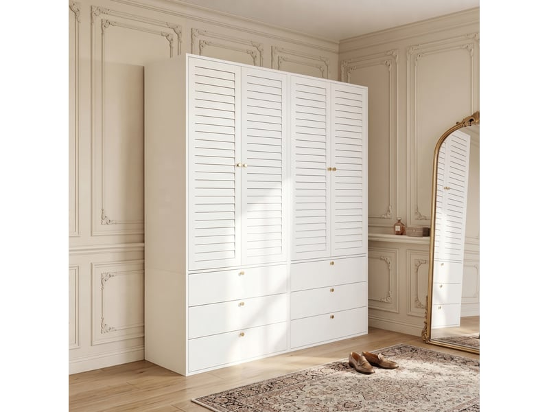  Armoire 4 portes 180x50x200 cm, portes à lamelles, 6 tiroirs, panneau de particules blanc vêtements et dressing, déco  - Conforama D